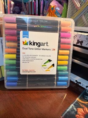Kingart Studio Dual Tone Glitter Markers - Brush Tip - 24CT - W/Case - NEW